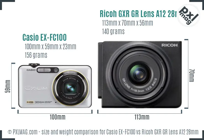 Casio EX-FC100 vs Ricoh GXR GR Lens A12 28mm F2.5 size comparison