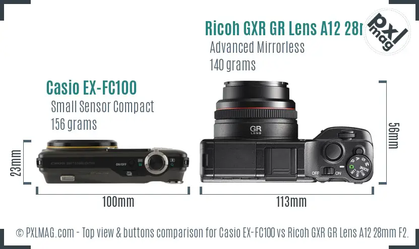 Casio EX-FC100 vs Ricoh GXR GR Lens A12 28mm F2.5 top view buttons comparison