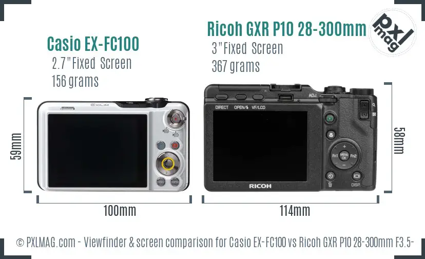 Casio EX-FC100 vs Ricoh GXR P10 28-300mm F3.5-5.6 VC Screen and Viewfinder comparison