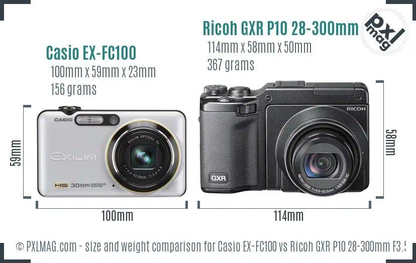 Casio EX-FC100 vs Ricoh GXR P10 28-300mm F3.5-5.6 VC size comparison