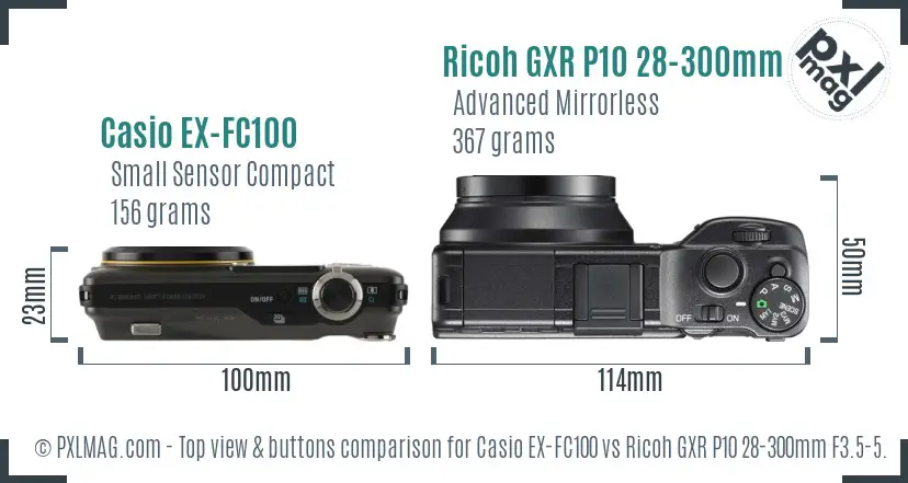 Casio EX-FC100 vs Ricoh GXR P10 28-300mm F3.5-5.6 VC top view buttons comparison