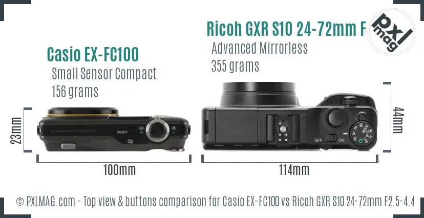 Casio EX-FC100 vs Ricoh GXR S10 24-72mm F2.5-4.4 VC top view buttons comparison
