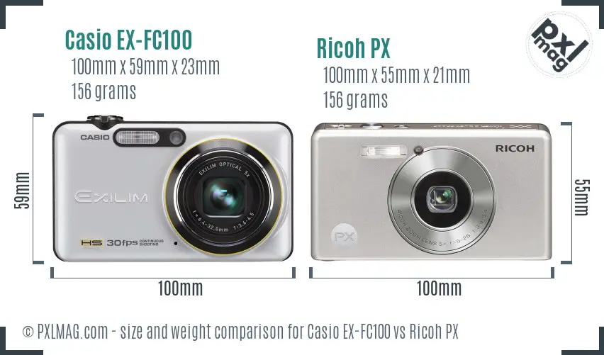 Casio EX-FC100 vs Ricoh PX size comparison