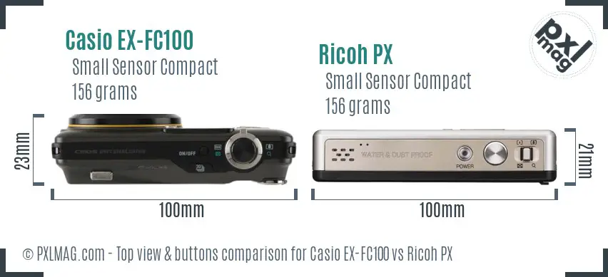 Casio EX-FC100 vs Ricoh PX top view buttons comparison