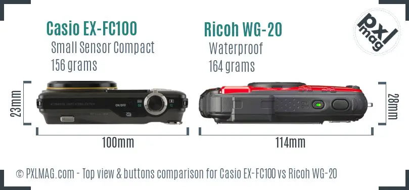 Casio EX-FC100 vs Ricoh WG-20 top view buttons comparison Casio EX-FC100 vs Ricoh WG-20 top view buttons comparison