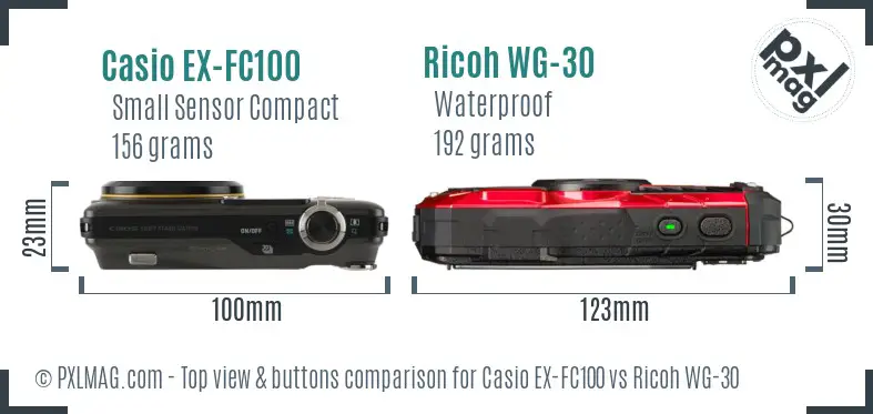 Casio EX-FC100 vs Ricoh WG-30 top view buttons comparison