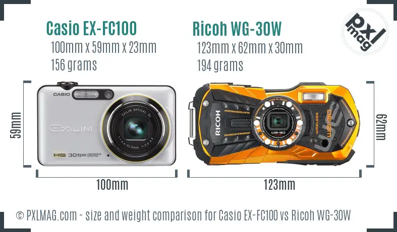 Casio EX-FC100 vs Ricoh WG-30W size comparison