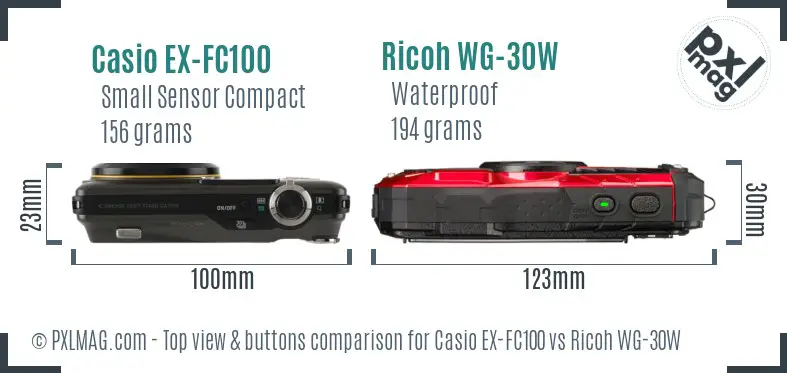 Casio EX-FC100 vs Ricoh WG-30W top view buttons comparison