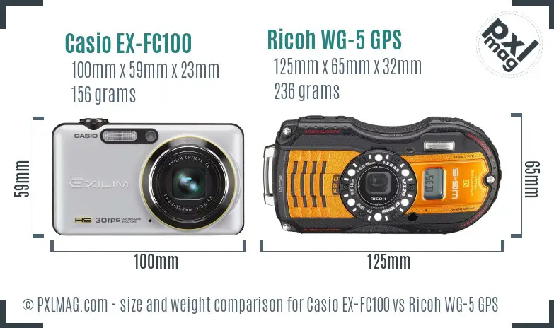 Casio EX-FC100 vs Ricoh WG-5 GPS size comparison Casio EX-FC100 vs Ricoh WG-5 GPS size comparison