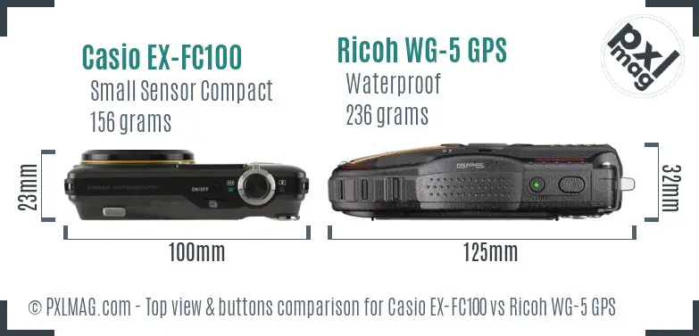 Casio EX-FC100 vs Ricoh WG-5 GPS top view buttons comparison Casio EX-FC100 vs Ricoh WG-5 GPS top view buttons comparison