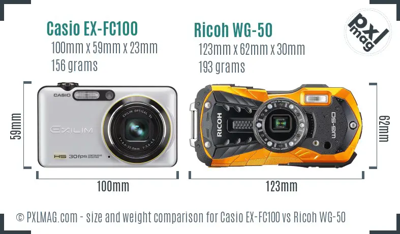 Casio EX-FC100 vs Ricoh WG-50 size comparison Casio EX-FC100 vs Ricoh WG-50 size comparison