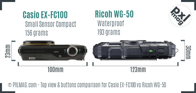 Casio EX-FC100 vs Ricoh WG-50 top view buttons comparison Casio EX-FC100 vs Ricoh WG-50 top view buttons comparison