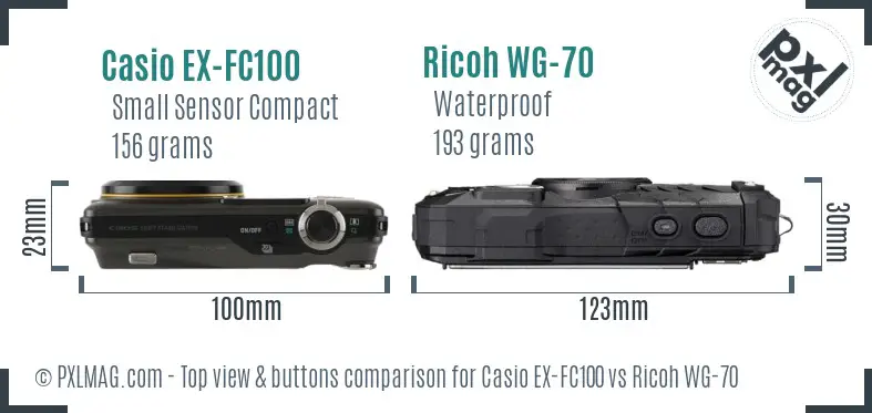 Casio EX-FC100 vs Ricoh WG-70 top view buttons comparison