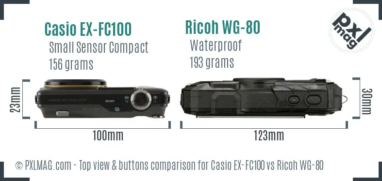 Casio EX-FC100 vs Ricoh WG-80 top view buttons comparison