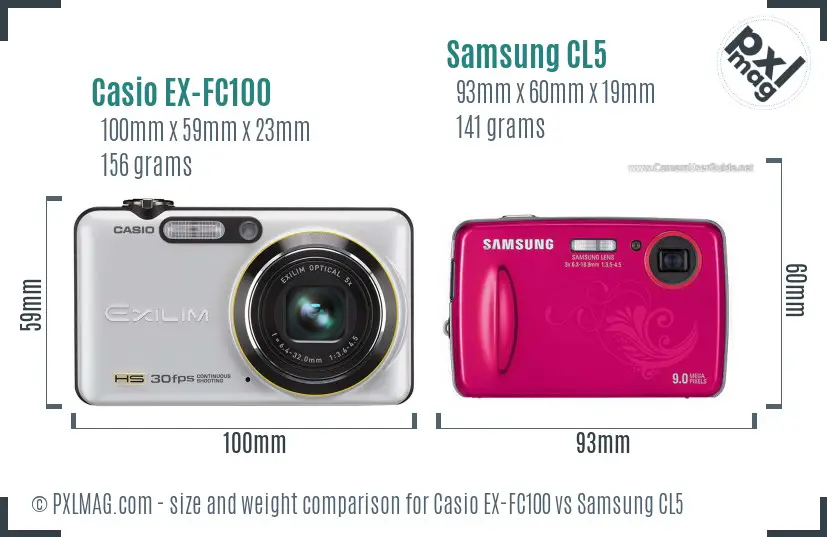 Casio EX-FC100 vs Samsung CL5 size comparison