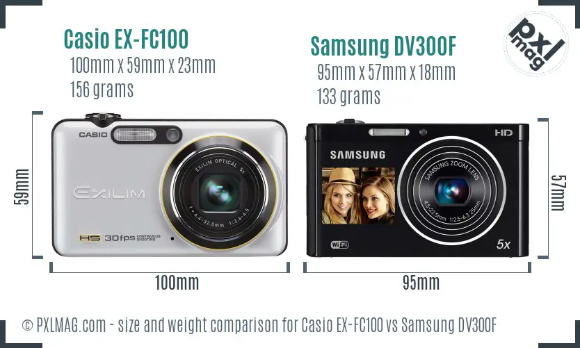 Casio EX-FC100 vs Samsung DV300F size comparison