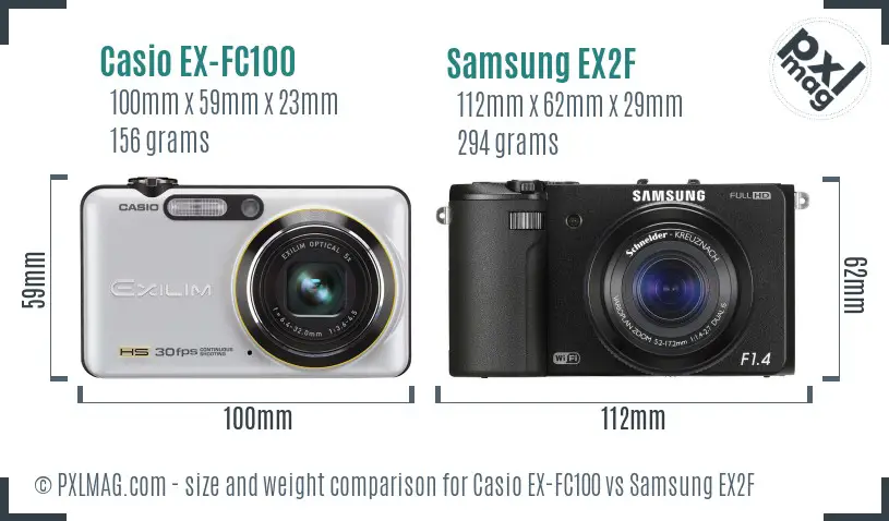 Casio EX-FC100 vs Samsung EX2F size comparison