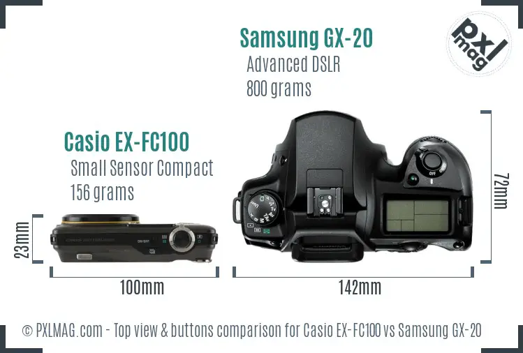 Casio EX-FC100 vs Samsung GX-20 top view buttons comparison Casio EX-FC100 vs Samsung GX-20 top view buttons comparison