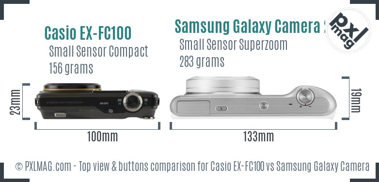 Casio EX-FC100 vs Samsung Galaxy Camera 2 top view buttons comparison