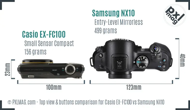 Casio EX-FC100 vs Samsung NX10 top view buttons comparison Casio EX-FC100 vs Samsung NX10 top view buttons comparison