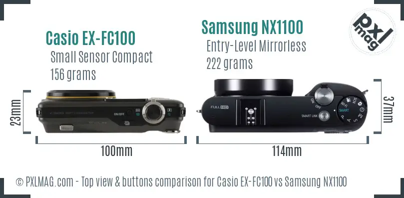 Casio EX-FC100 vs Samsung NX1100 top view buttons comparison