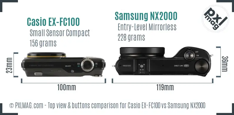 Casio EX-FC100 vs Samsung NX2000 top view buttons comparison Casio EX-FC100 vs Samsung NX2000 top view buttons comparison