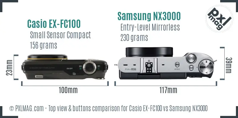 Casio EX-FC100 vs Samsung NX3000 top view buttons comparison Casio EX-FC100 vs Samsung NX3000 top view buttons comparison