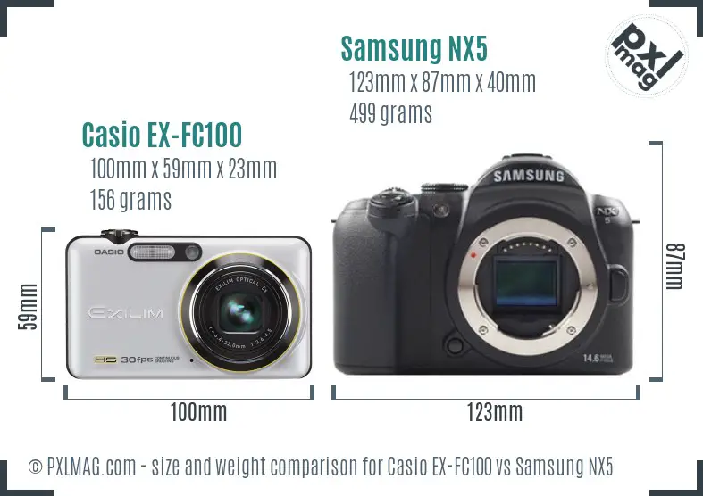 Casio EX-FC100 vs Samsung NX5 size comparison