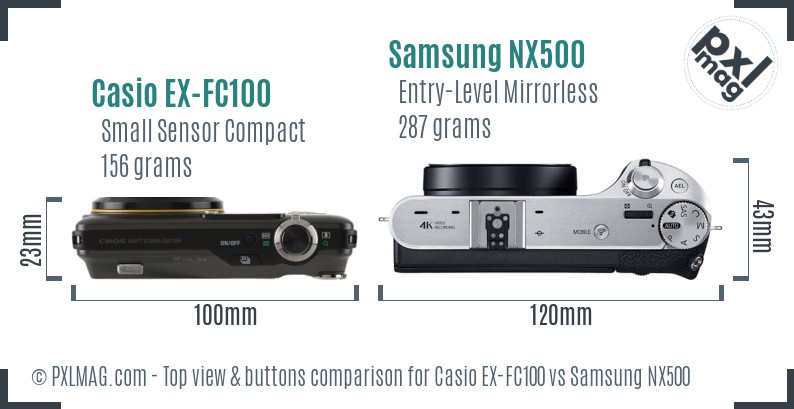 Casio EX-FC100 vs Samsung NX500 top view buttons comparison