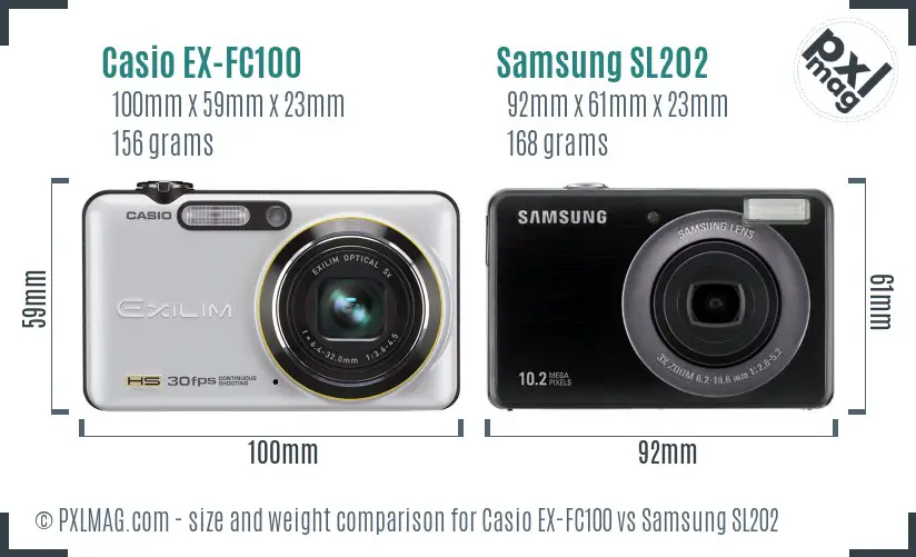 Casio EX-FC100 vs Samsung SL202 size comparison