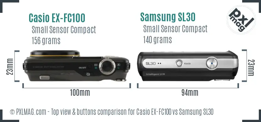 Casio EX-FC100 vs Samsung SL30 top view buttons comparison