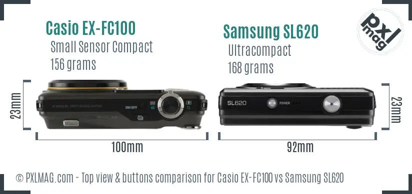 Casio EX-FC100 vs Samsung SL620 top view buttons comparison