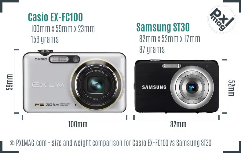 Casio EX-FC100 vs Samsung ST30 size comparison