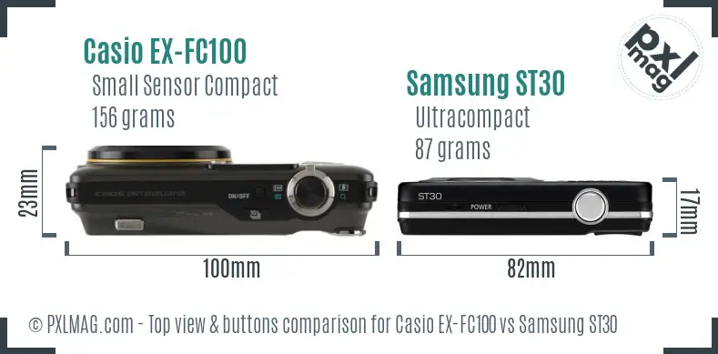 Casio EX-FC100 vs Samsung ST30 top view buttons comparison