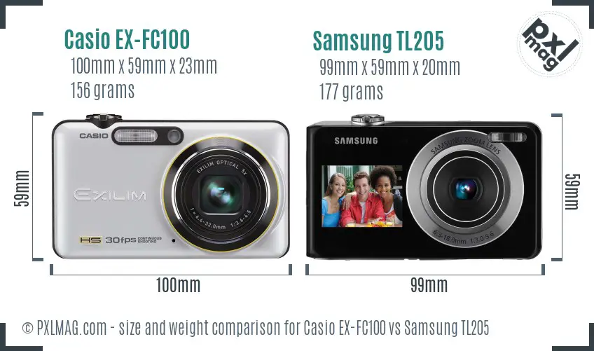 Casio EX-FC100 vs Samsung TL205 size comparison