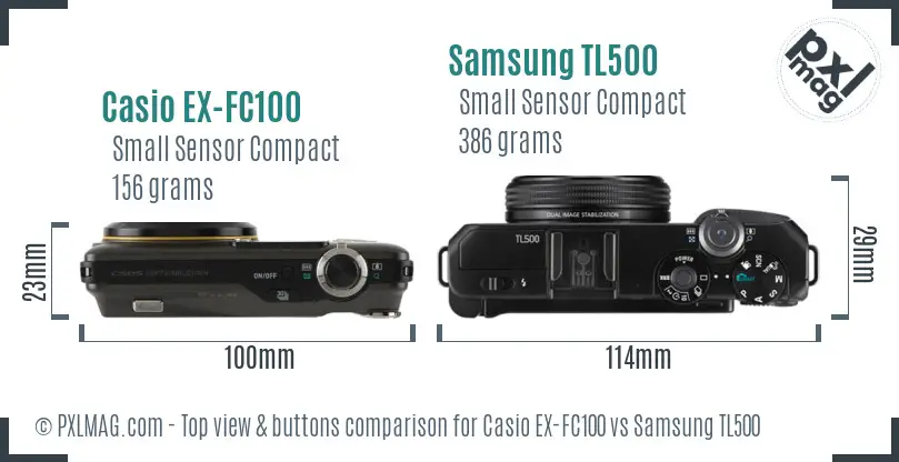 Casio EX-FC100 vs Samsung TL500 top view buttons comparison
