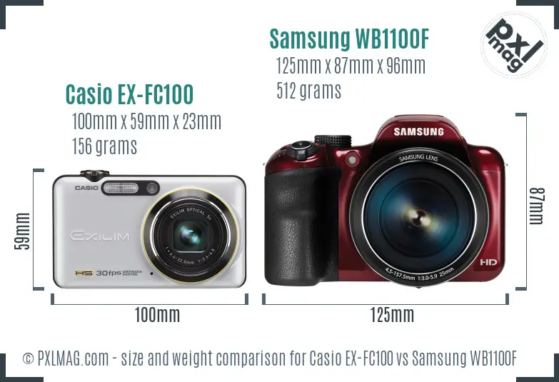 Casio EX-FC100 vs Samsung WB1100F size comparison