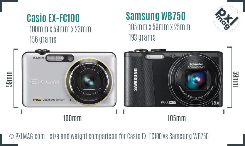 Casio EX-FC100 vs Samsung WB750 size comparison