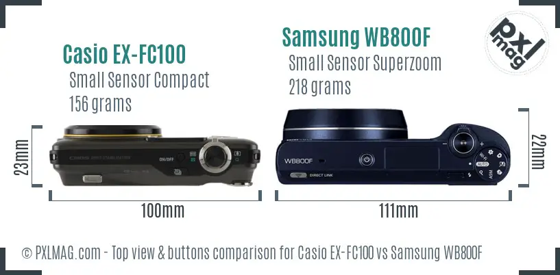 Casio EX-FC100 vs Samsung WB800F top view buttons comparison Casio EX-FC100 vs Samsung WB800F top view buttons comparison