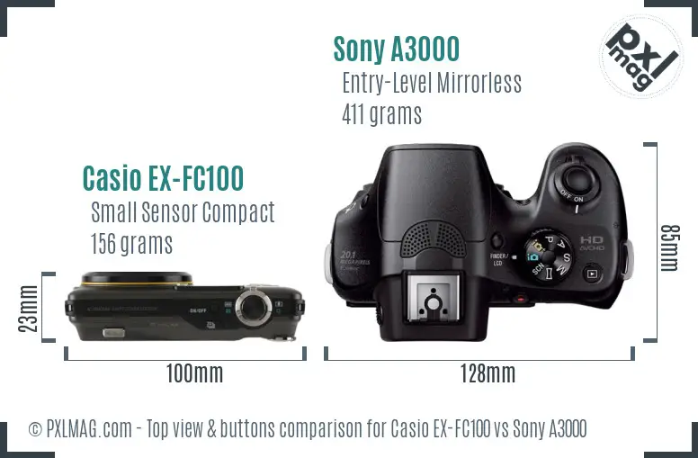 Casio EX-FC100 vs Sony A3000 top view buttons comparison