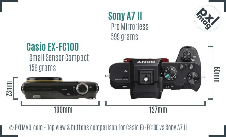 Casio EX-FC100 vs Sony A7 II top view buttons comparison