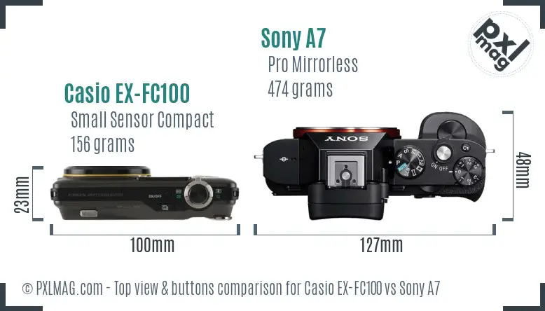 Casio EX-FC100 vs Sony A7 top view buttons comparison