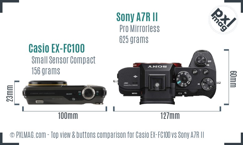 Casio EX-FC100 vs Sony A7R II top view buttons comparison