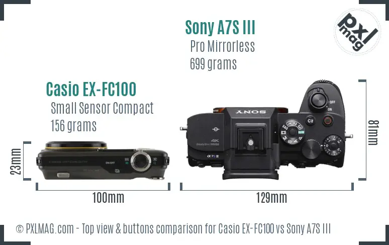 Casio EX-FC100 vs Sony A7S III top view buttons comparison