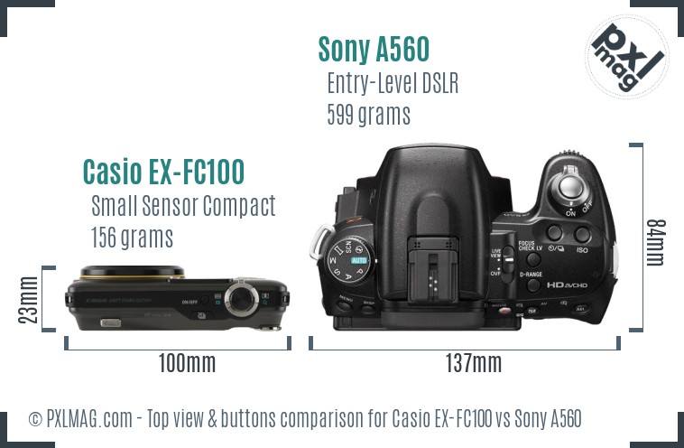 Casio EX-FC100 vs Sony A560 top view buttons comparison