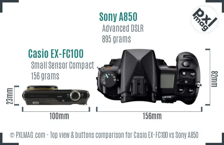 Casio EX-FC100 vs Sony A850 top view buttons comparison Casio EX-FC100 vs Sony A850 top view buttons comparison