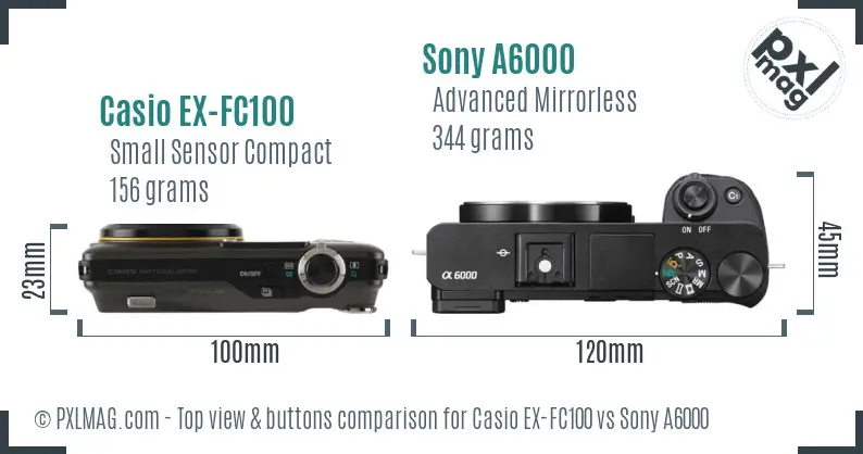 Casio EX-FC100 vs Sony A6000 top view buttons comparison