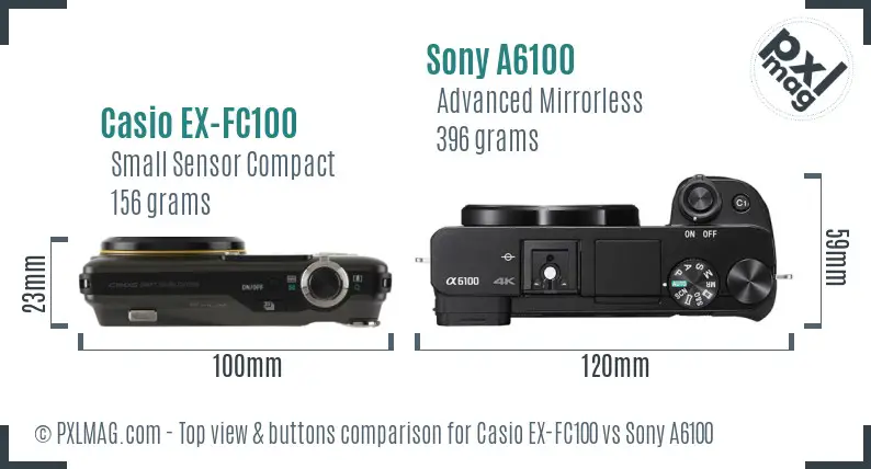 Casio EX-FC100 vs Sony A6100 top view buttons comparison