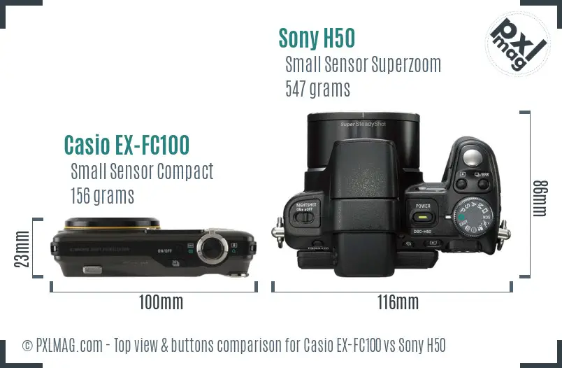 Casio EX-FC100 vs Sony H50 top view buttons comparison