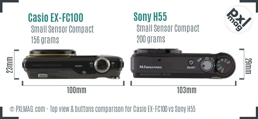 Casio EX-FC100 vs Sony H55 top view buttons comparison